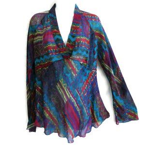 SiLK Chicos Boho Blouse Geometric Empire Babydoll V Neck Bell Sleeve Sheer M